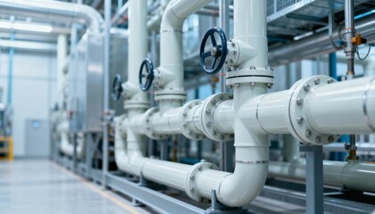 Naklejka premium Industrial Piping System with Valves and Connectors for Fluid and Gas Transportation in a Factory