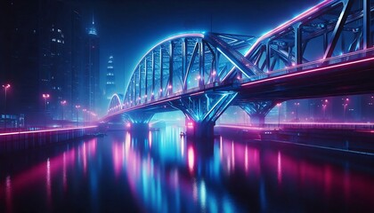 Obraz premium Futuristic Steel Bridge With Neon Lights