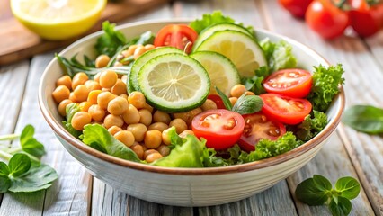 Healthy low calorie chickpea salad with fresh vegetables and zesty lime