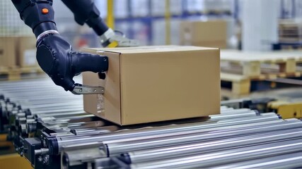 Robotic arm sorting packages on conveyor belt - Powered by Adobe