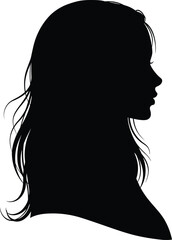 Elegant female silhouette profile with long wavy hair, artistic black and white vector illustration for beauty, fashion, portrait, hairstyle, design