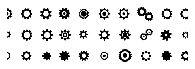 Collection of Black Gear Icons and Symbols on White Background