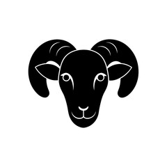 Black silhouette of a ram head with horns on transparent background