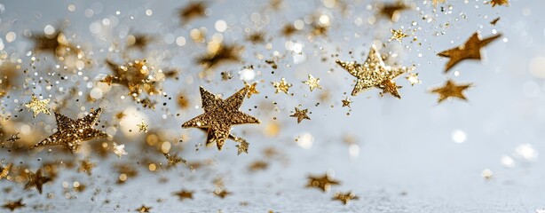 Gold stars and glitter on a light gray background