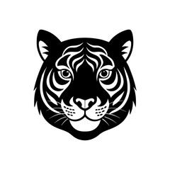 Stylized tiger head in black and white art on transparent background silhouette