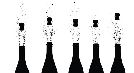 Five champagne bottles popping corks with bubbles explosions celebration festive beverage alcohol vector © Runa