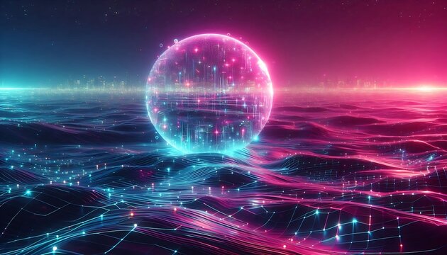 Glowing Neon Sphere Over Futuristic Ocean