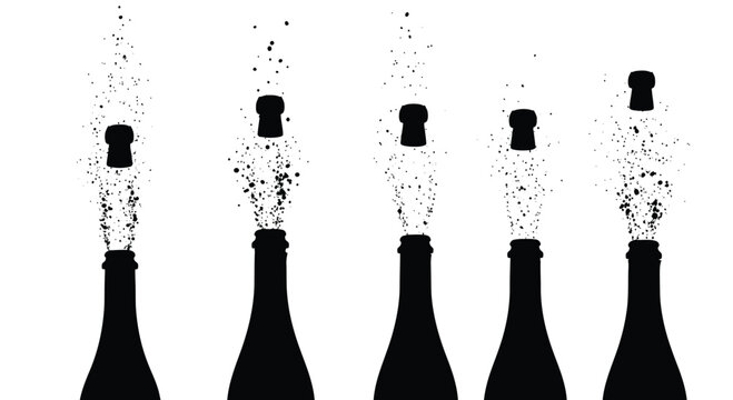 Five champagne bottles popping corks with bubbles explosions celebration festive beverage alcohol vector