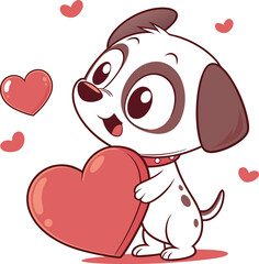 Adorable cartoon puppy tenderly holding a vibrant red heart in its mouth