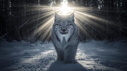 A majestic lynx walks through a snow-covered forest, illuminated by rays of sunlight breaking through the trees, This image can be used for wildlife conservation themes, nature publications