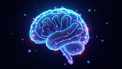 Stunning digital brain visualization with glowing neon circuits and data streams, perfect for AI, science, and technology concepts, evoking intelligence and innovation.