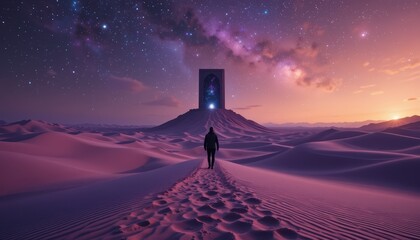 Solitary Wanderer Approaches a Cosmic Portal in the Desert