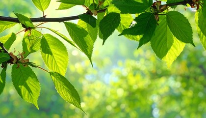 Lush green leaves on branches, bathed in sunlight, create a vibrant spring scene.