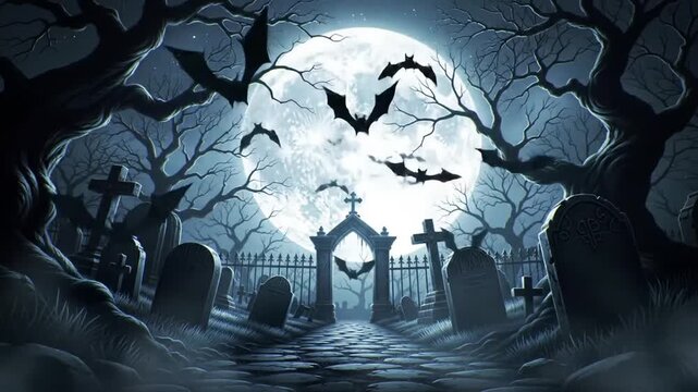 Spooky Halloween Cemetery Scene with Full Moon and Bats.