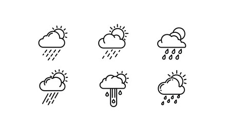 Set of six hand-drawn weather icons depicting rain and sunshine combinations vector