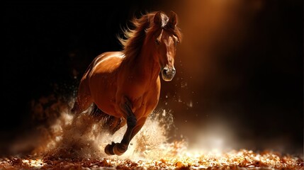 A dynamic image of a brown horse galloping through autumn leaves, creating a cloud of dust, This photo is ideal for themes of freedom, nature, and adventure in marketing, art, or editorial content,