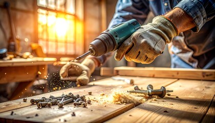 Carpenter using drill press woodworking project.