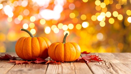 Two pumpkins on a wooden table with autumn leaves