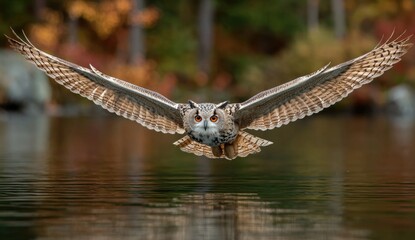 Majestic owl in flight wings spread wide over calm water.