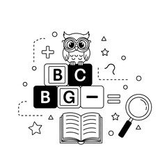 Wise owl teacher with alphabet blocks and school supplies