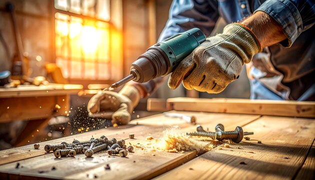 Carpenter using drill press woodworking project.