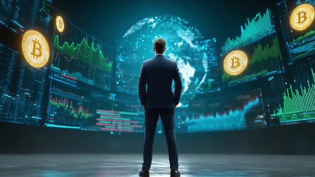 Crypto Vision: A visionary figure gazes at the digital horizon, surrounded by bitcoin symbols and financial data charts, contemplating the evolution of cryptocurrency and digital finance. 