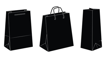 Three glossy black paper gift bags in different perspectives with handles vector