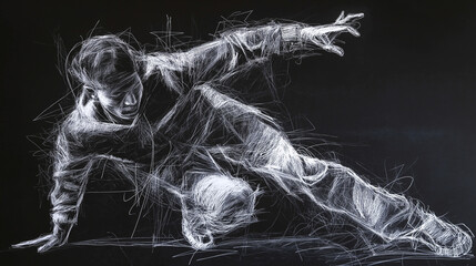 dynamic white chalk sketch of a breakdancer in a powerful freeze pose