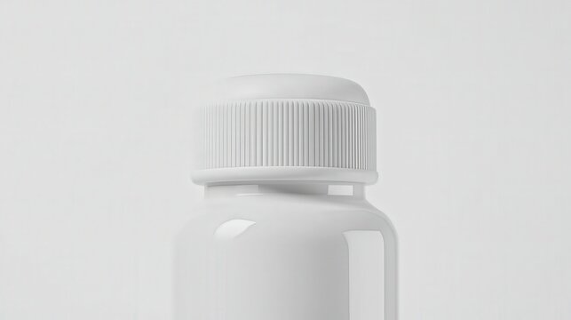 A close-up of a white plastic bottle with a textured cap on a neutral background, ideal for product packaging design, branding mockups, or presentations related to health and wellness,
