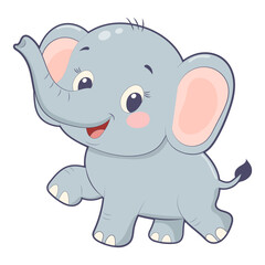 Cute blue baby elephant illustration with big ears and cheerful expression, perfect for kids designs or educational content. Vector