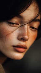 Beautiful young woman portrait with natural freckled skin and elegant lighting. Perfect for beauty, skincare, cosmetics, wellness and fashion advertising campaigns.