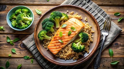 Healthy baked salmon fillet over grains with steamed broccoli florets
