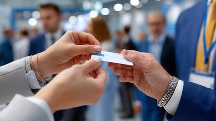 Business Card Exchange: A professional exchange of business cards at a conference or networking event, symbolizing connections and collaboration.