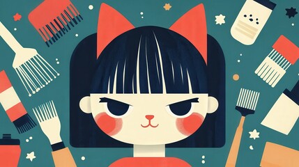 A playful illustration featuring a girl with pigtails and cat ears surrounded by hair tools, suitable for beauty and grooming projects, children's products, or creative marketing materials,