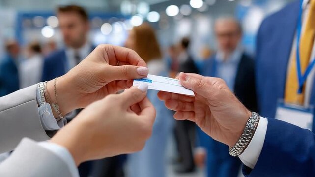 Business Card Exchange: A professional exchange of business cards at a conference or networking event, symbolizing connections and collaboration.