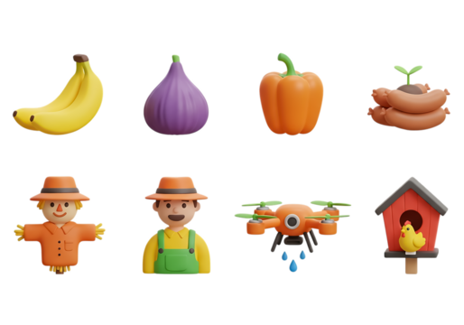 3d icon of collection of farmrelated icons including fruits, vegetables, scarecrow, farmer, drone, and chicken coop isolated on transparent background
