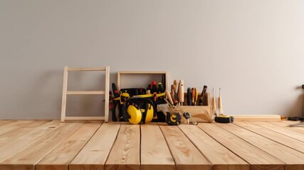 Tools arranged on a wooden workbench.