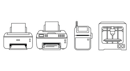 Set of diverse printers and 3d printer line art technology icons isolated vector