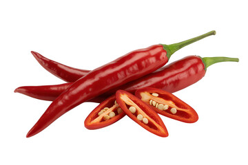 Several ripe red chili peppers, some whole and some sliced, isolated on a transparent background