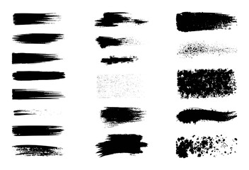 Collection of Black Paint Brush Strokes and Splatters on White Background