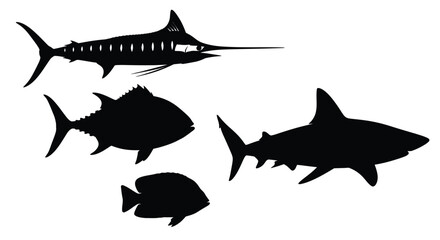 Silhouette collection of marine life marlin shark tuna small fish aquatic animals ocean creatures vector