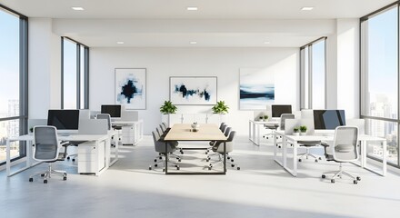 Bright and spacious modern office interior with minimalist design, large windows, and contemporary furniture for a corporate workspace