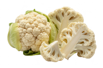 A whole cauliflower and sliced florets, isolated on transparent background