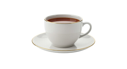 White cup of tea on saucer with gold trim, isolated, transparent background, no background  