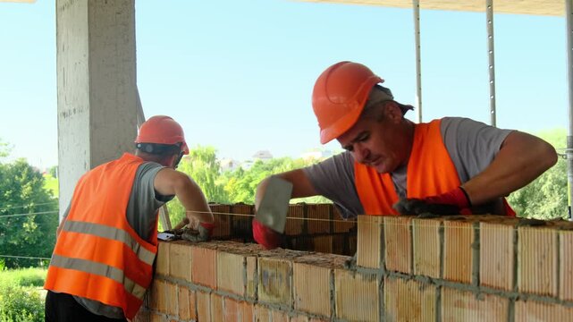 Workers remove excess mortar from cracks in bricks. Builders use work tool to clean construcion forming smooth surface of material