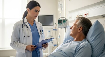 Obraz premium Caring doctor consults with mature patient resting comfortably in hospital bed, offering reassurance