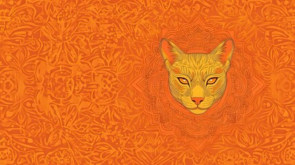 A vibrant illustration featuring a cat's face centered against an intricate orange background, This artwork can enhance products, websites, or marketing materials related to pets or art,
