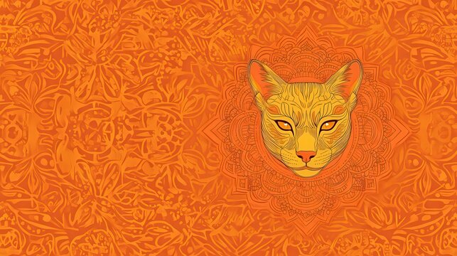 A vibrant illustration featuring a cat's face centered against an intricate orange background, This artwork can enhance products, websites, or marketing materials related to pets or art,