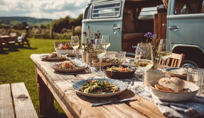 Outdoor dining feast with vintage van in countryside setting.
