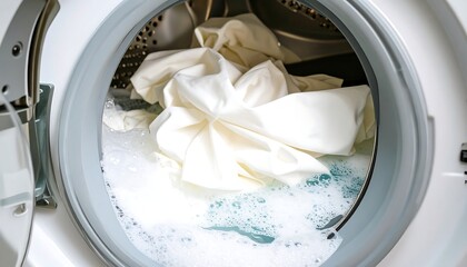 Close up view of white laundry in a modern washing machine drum.